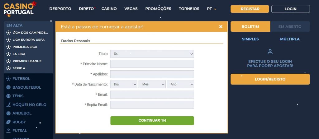 Fazer registo Casino Portugal bonus