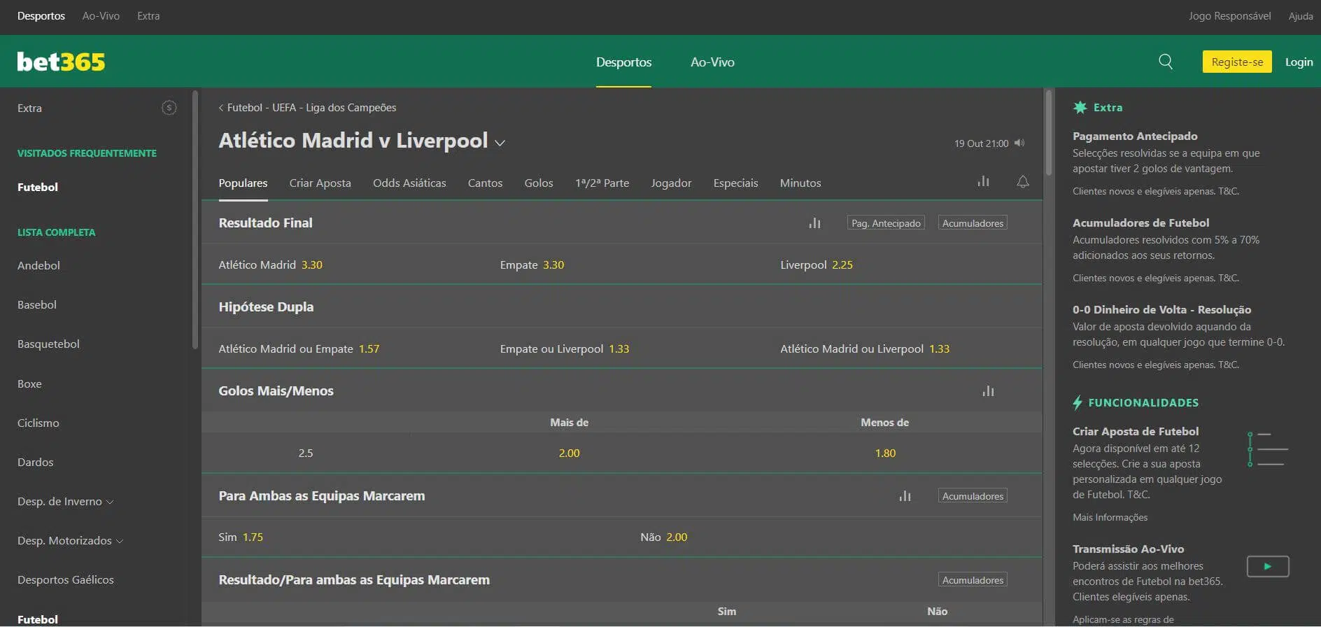 Apostas Champions League - bet365 mercados